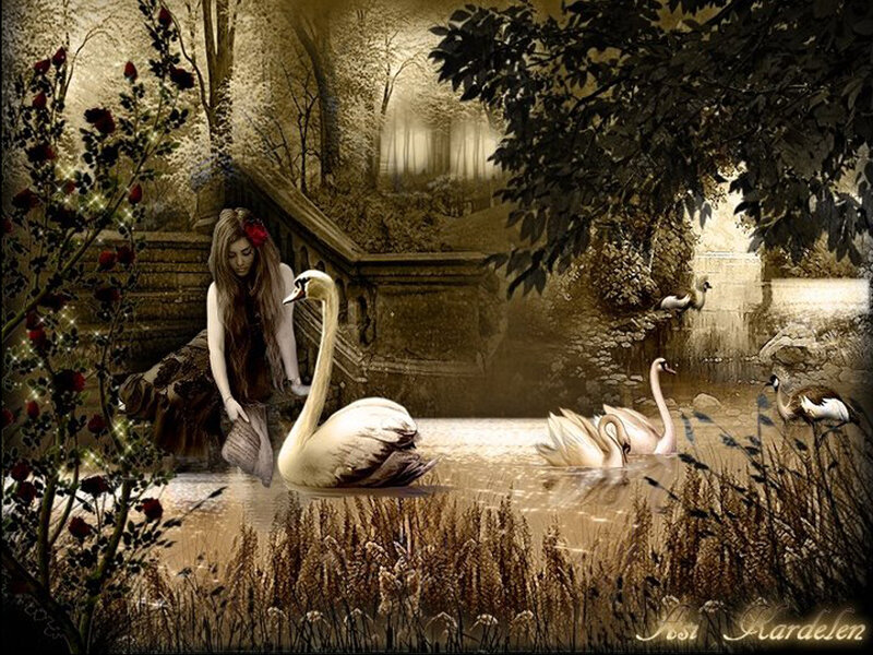 Woman with Swans — Brown, Serene, Night