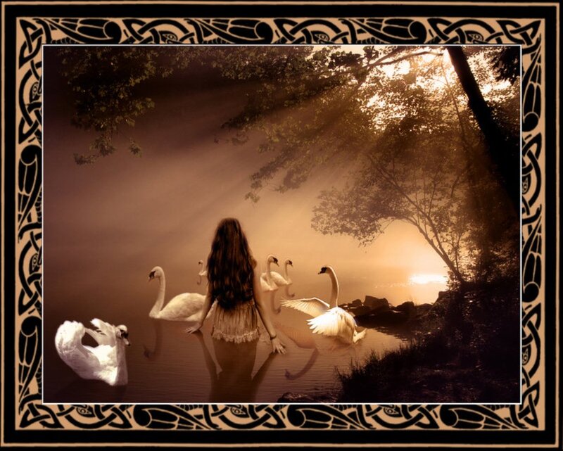 Woman with Swans — Brown, Serene, Sunset