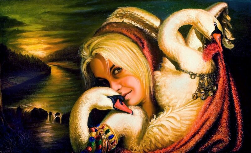 Woman with Swans — Green, Dramatic, Sunset