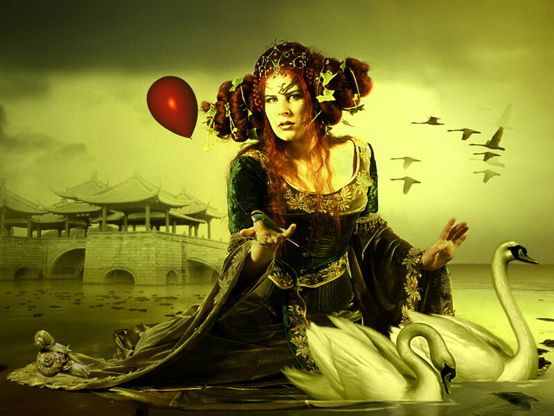 Woman with Swans — Green, Dramatic
