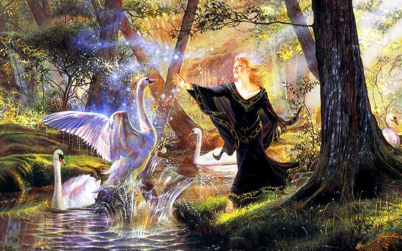 Woman with Swans — Green, Magical