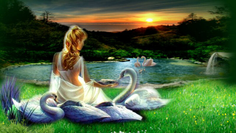 Woman with Swans — Green, Serene, Sunset