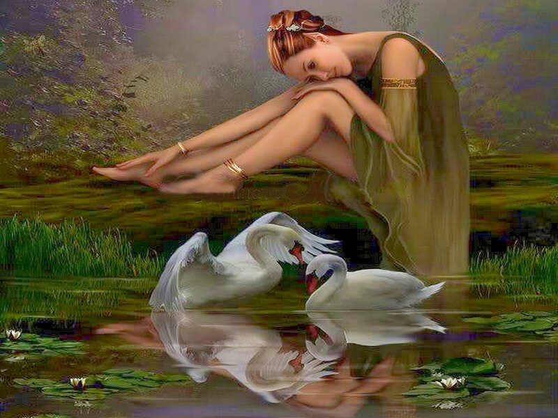 Woman with Swans — Green, Serene