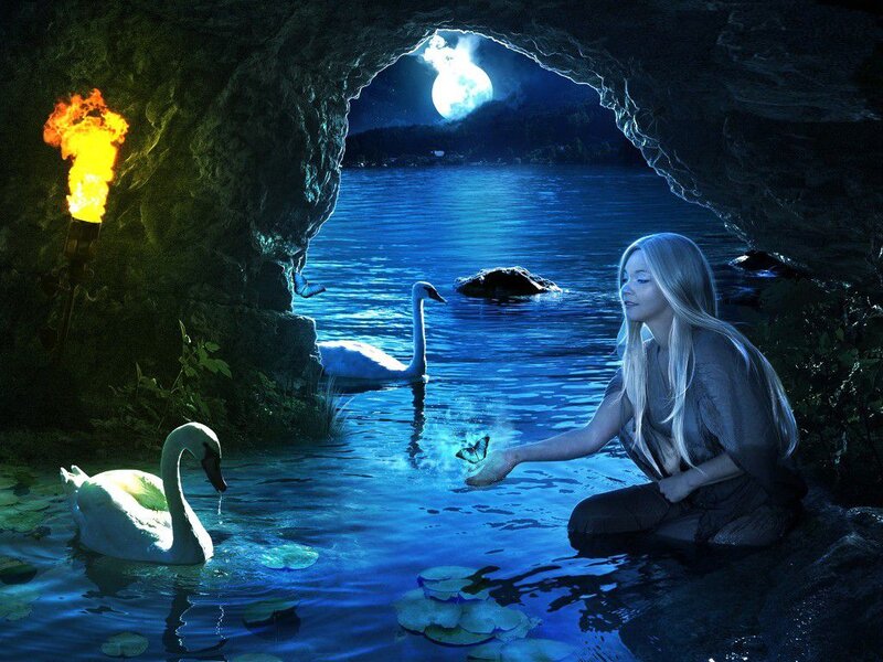 Woman with Swans in Cave