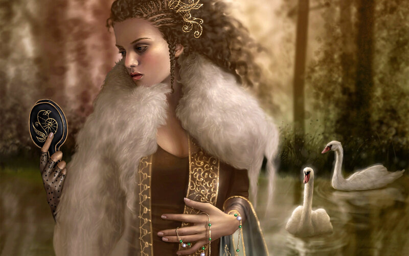 woman with swans in forest