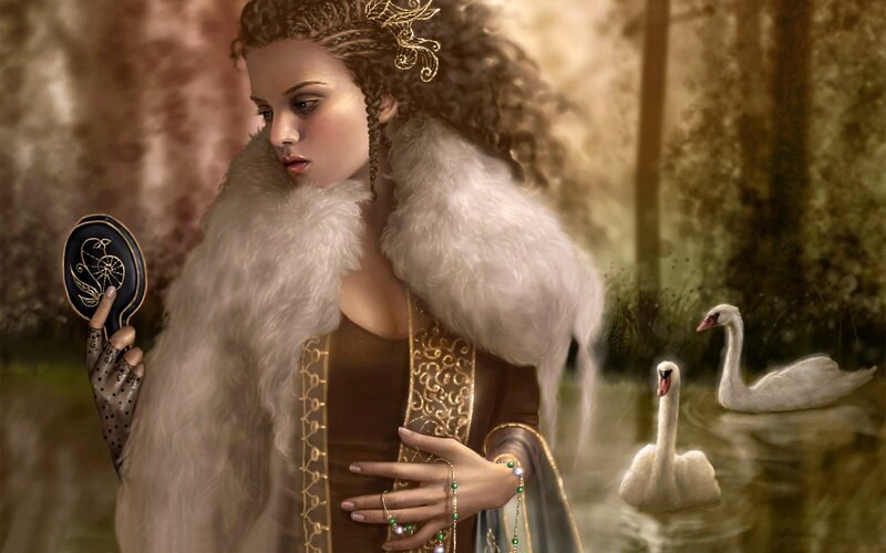 woman with swans in forest