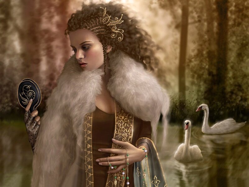 woman with swans in forest