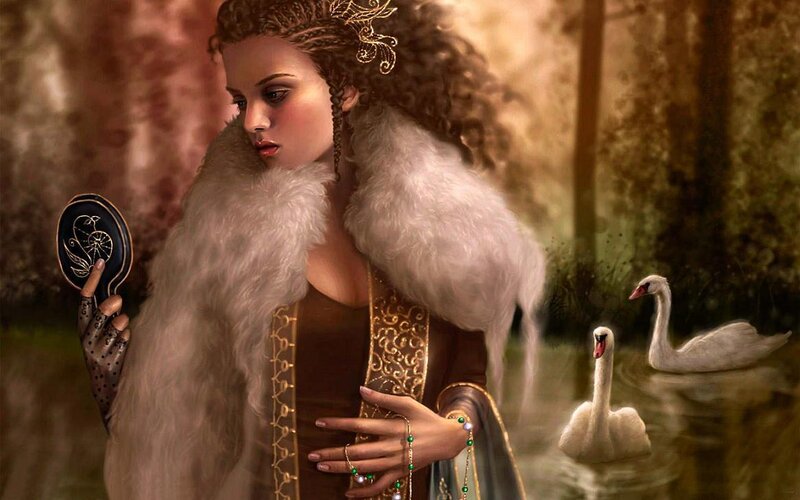 woman with swans in forest