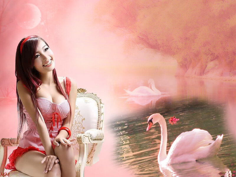 Woman with Swans — Pink, Serene