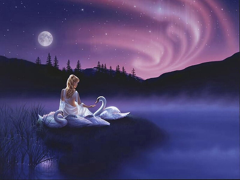 Woman with Swans — Purple, Serene, Night, Digital Art, Moon