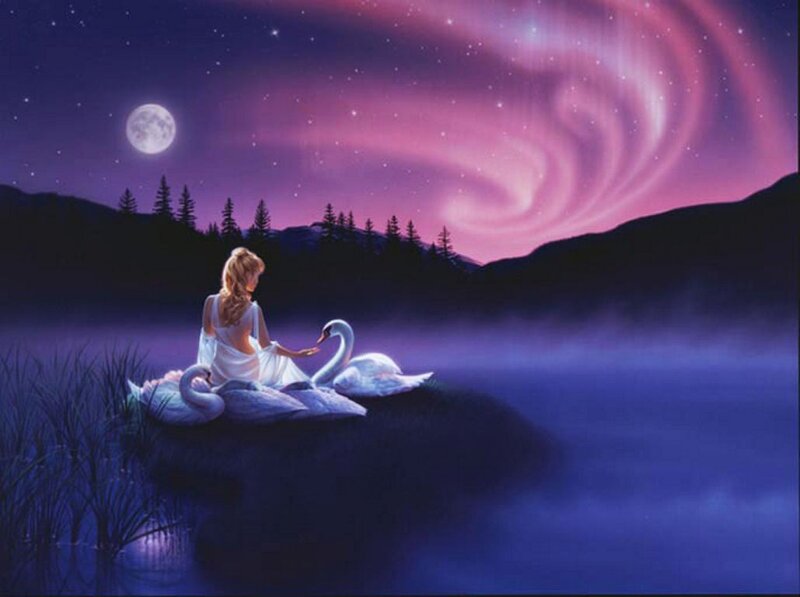 Woman with Swans — Purple, Serene, Night, Digital Art