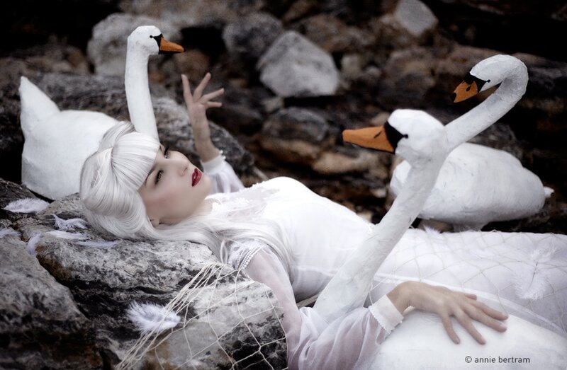Woman with Swans — White, Dramatic, Photograph