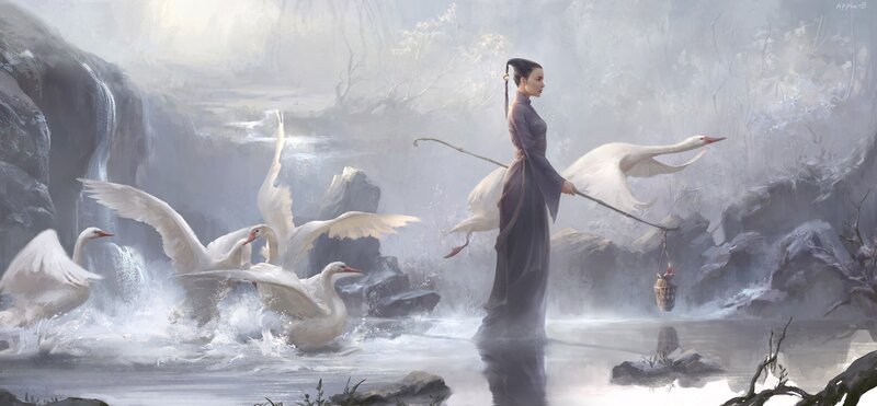 Woman with Swans — White, Serene, Morning, Digital Art, River