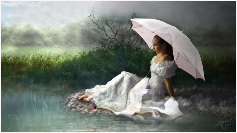 Woman with Swans — White, Serene, Morning, Digital Art