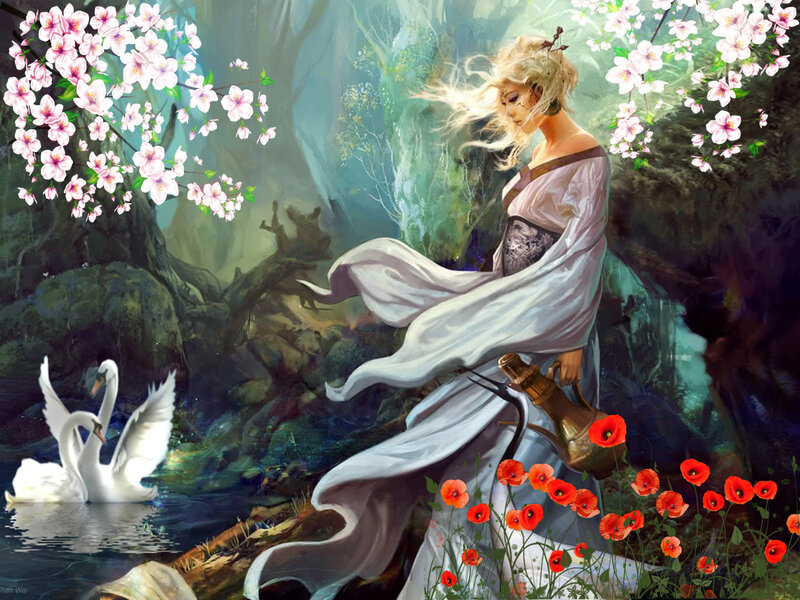 Woman with Swans — White, Serene