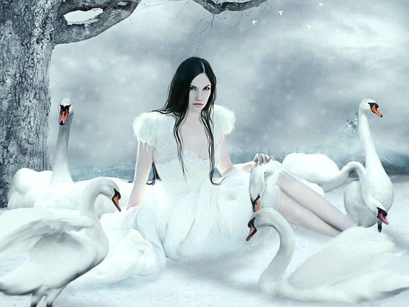 Woman with Swans — White, Serene, Winter