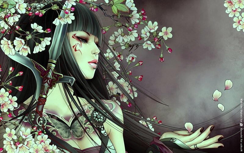 Woman with Sword and Cherry Blossoms — Black, Dramatic, Spring, Digital Art