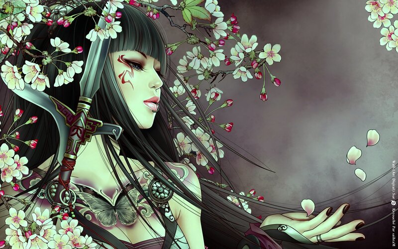 Woman with Sword and Cherry Blossoms — Black, Dramatic