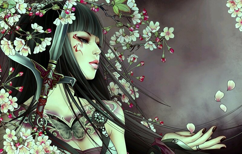 Woman with Sword and Cherry Blossoms — Black