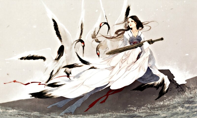 Woman with Sword and Cranes