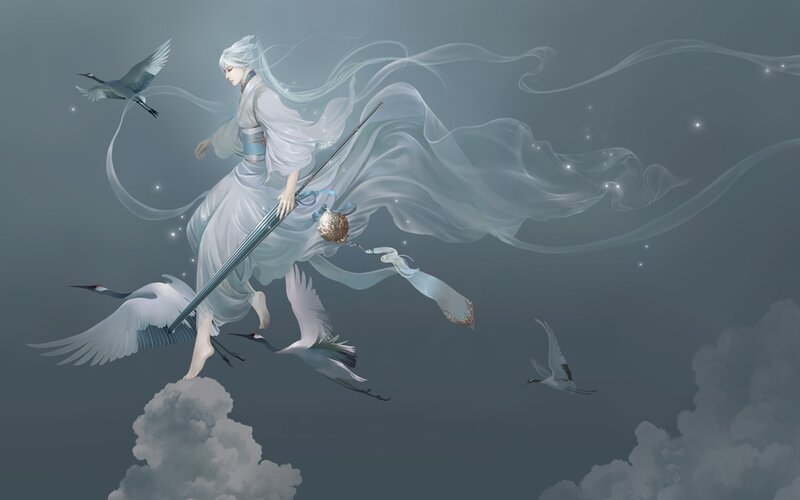 Woman with Sword and Cranes — White