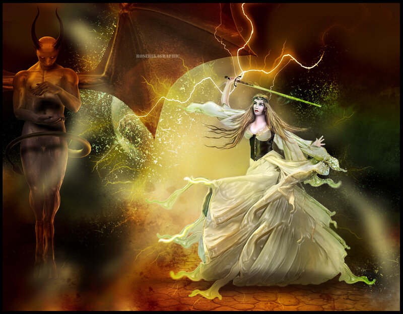Woman with Sword and Demon — Yellow