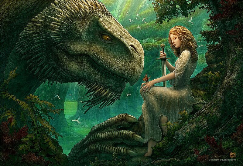 Woman with Sword and Dinosaur — Green, Serene, Afternoon