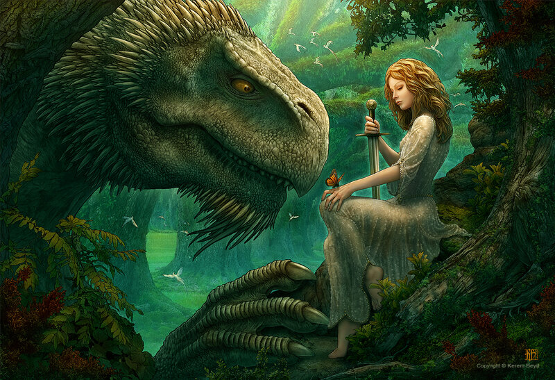 Woman with Sword and Dinosaur — Green