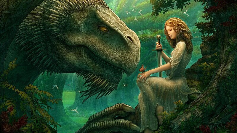 Woman with Sword and Dinosaur