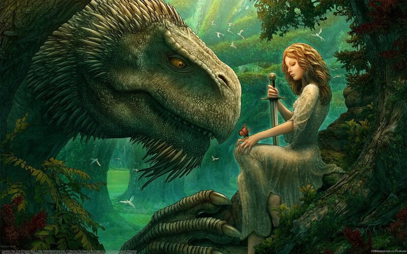 woman with sword and dragon