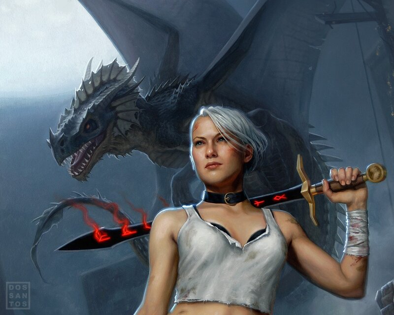 Woman with sword and dragon