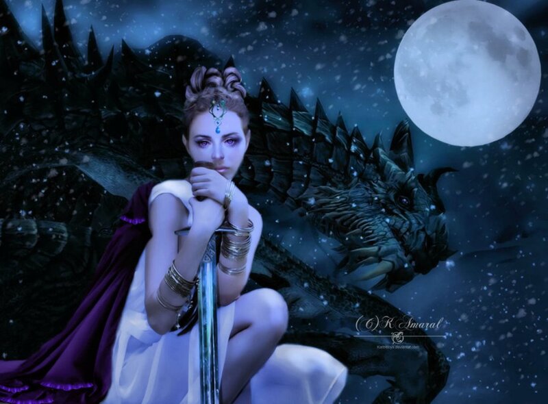 Woman with Sword and Dragon — Blue, Dramatic