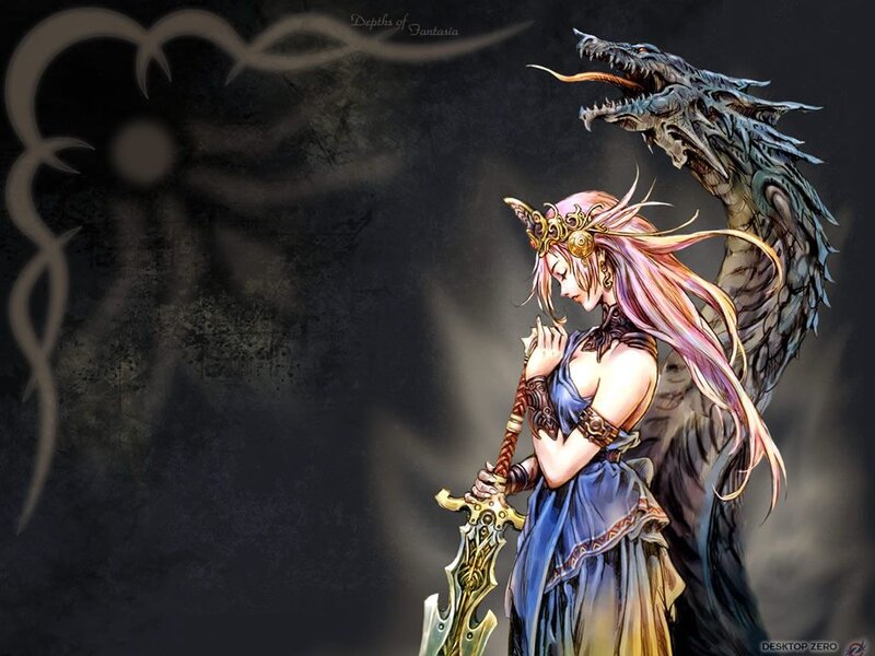 Woman with Sword and Dragon — Blue