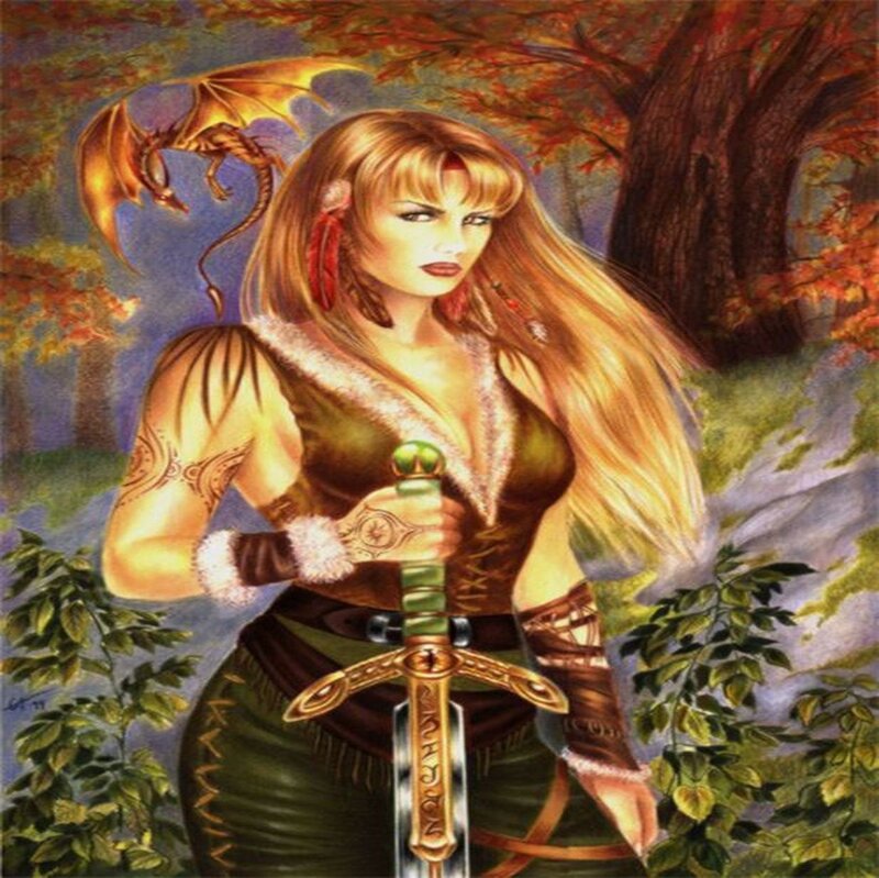Woman with Sword and Dragon — Green