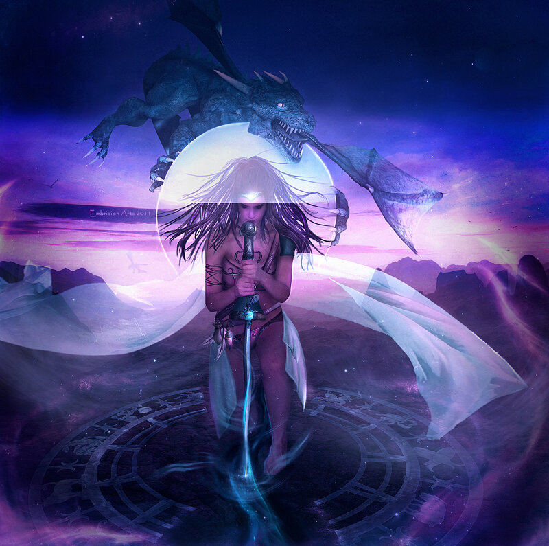 Woman with Sword and Dragon — Purple