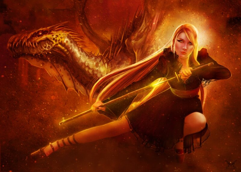 Woman with Sword and Dragon — Red, Dramatic
