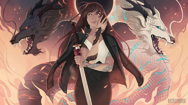 Woman with Sword and Dragons — Red