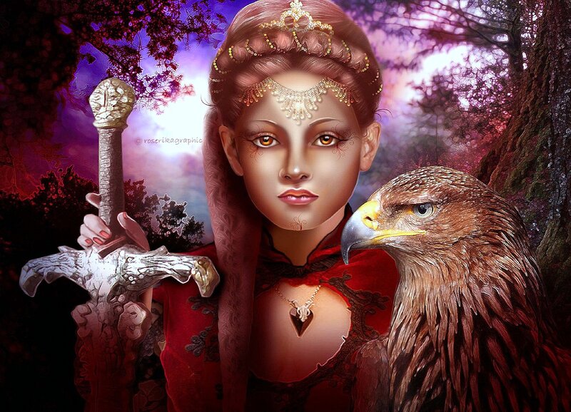 Woman with Sword and Eagle — Red