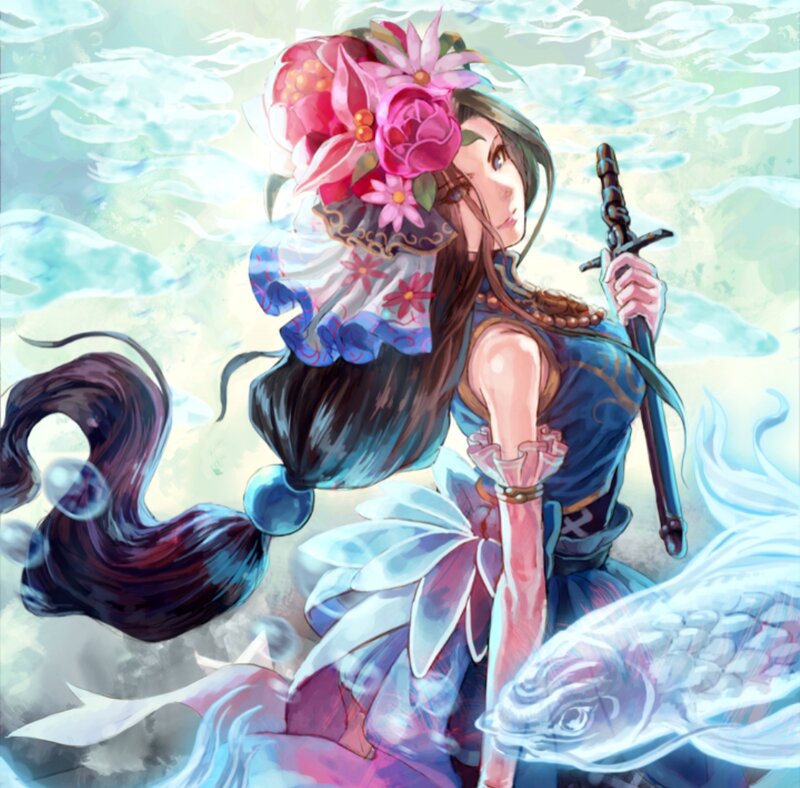 Woman with Sword and Flowers — Blue