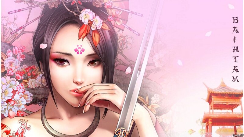 Woman with Sword and Flowers — Pink, Serene, Spring, Digital Art