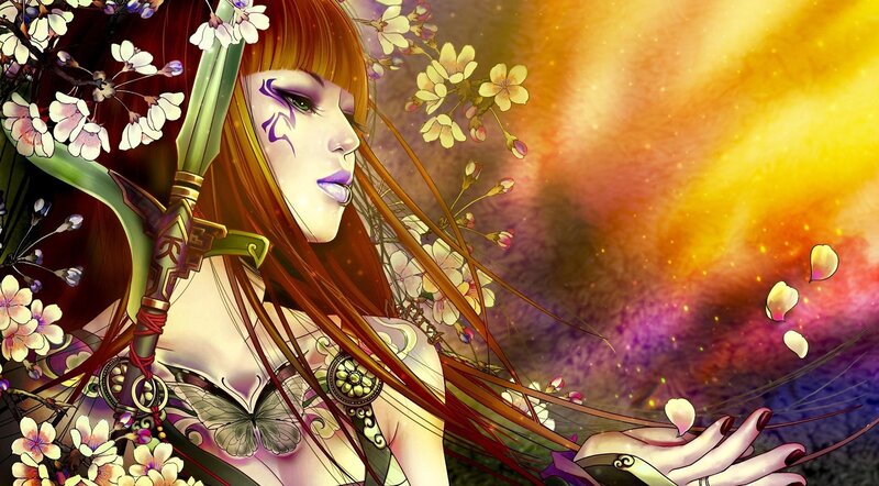 Woman with Sword and Flowers — Purple, Dramatic