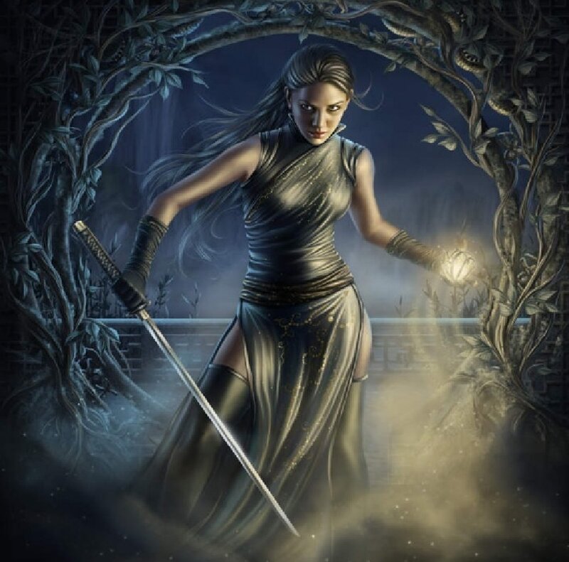Woman with Sword and Lantern — Blue