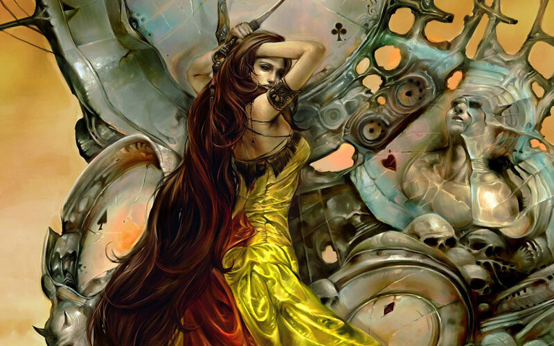 woman with sword and mechanical wings