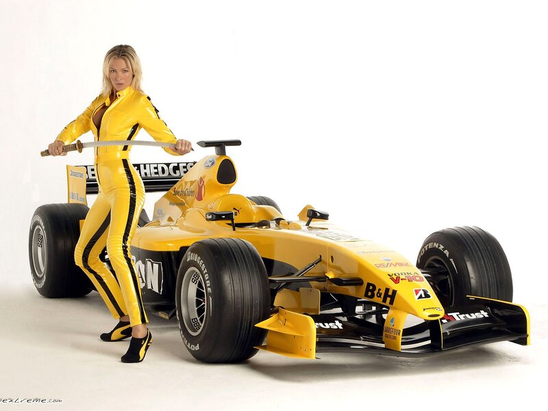 Woman with sword and race car