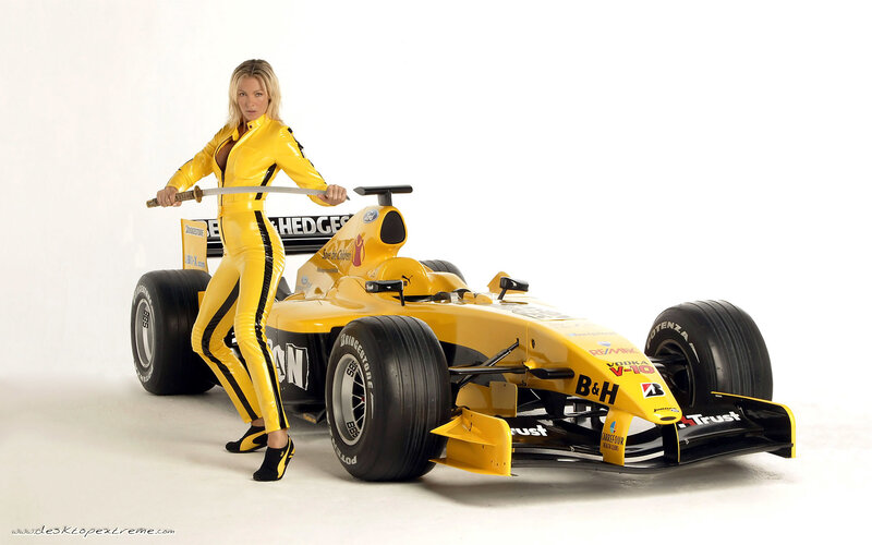Woman with sword and race car
