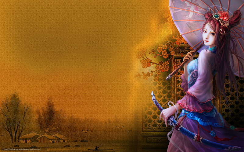 Woman with Sword and Umbrella — Gold, Dramatic