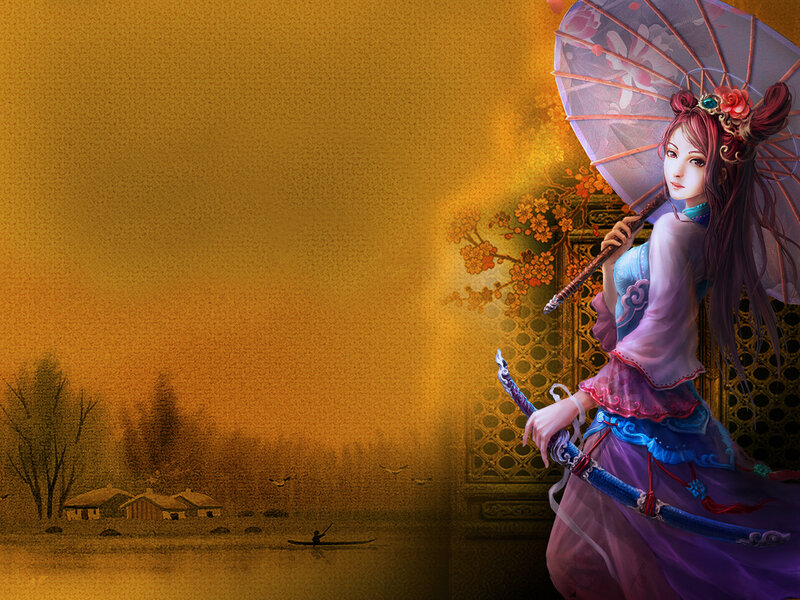 Woman with Sword and Umbrella — Gold