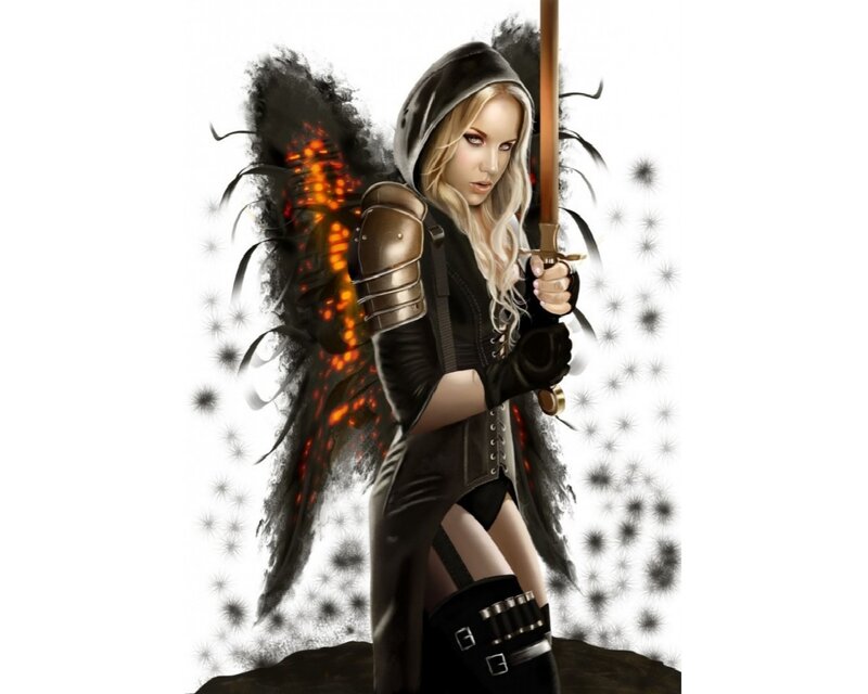 Woman with Sword and Wings — Black, Dramatic