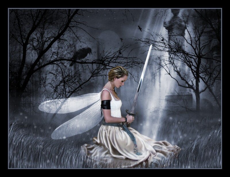 Woman with Sword and Wings — White, Dramatic