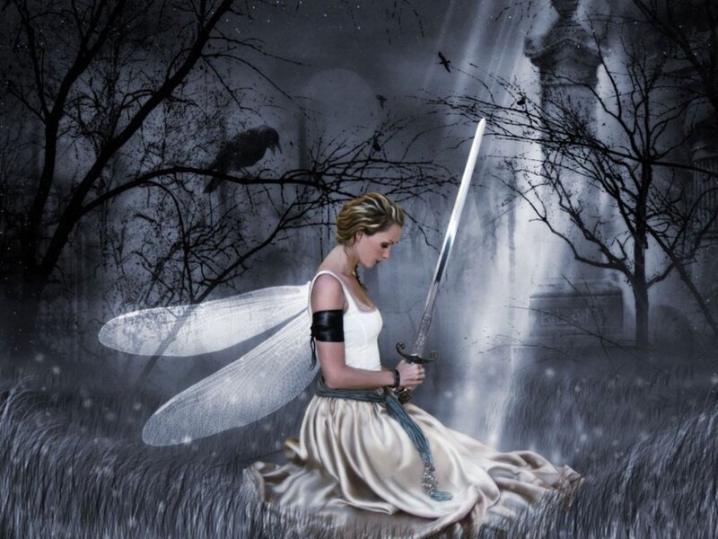 Woman with Sword and Wings — White